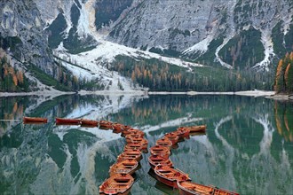 The Pragser Wildsee with boats, Italy