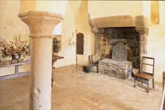 France, Normandie, sud Manche, abbaye d'hambye, vestiges, monument religieux, architecture gothique, pilier, cheminee, salle,