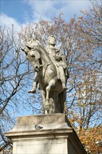 France, Paris 4e, le marais, place des vosges, square Louis XIII, fontaine, jardin, statue equestre de louis XIII,