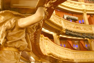 France, Paris 2e, opera comique, salle Favart, place Boieldieu, salle de spectacle, detail cariatide d'une loge