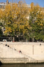 France, Paris 4e, ile de la cite - quai des orfevres, bord de Seine, escaliers, berge, arbres, personnages,