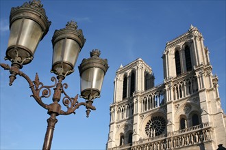 France, Paris 4e, ile de la cite, cathedrale Notre-Dame de Paris, art gothique et neo gothique, parvis, tours, lampadaire,