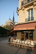 France, Paris 4e, ile de la cite, rue du chapitre notre dame, terrasse de cafe, cathedrale Notre-Dame de Paris au fond,