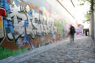 france, Paris 5e, quartier mouffetard / contrescarpe, rue mouffetard, graffiti, fresque, paves, pieton,