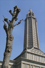 France: Normandie, Seine Maritime, le havre, architecte auguste perretclocher de l'eglise saint joseph, tronc d'arbre en hiver,
