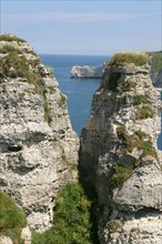France, Normandie, Seine Maritime, cote d'albatre etretat, falaise d'aval, vue sur la falaise d'amont entre deux rochers, mer,