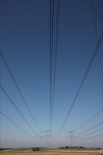 France, Normandie, Seine Maritime, plateau du caux maritime F76 pylones sortant de la centrale de Paluel, electricite, energie, fils electriques, plaine,