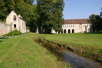 France, Haute Normandie, eure, abbaye de fontaine guerard, art gothique, edifice religieux, arcades, voutes, ruisseau, herbe,