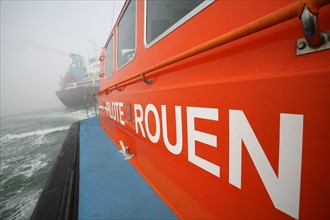 France : Normandie, Seine Maritime, vallee de la Seine, grand port de mer de Rouen, a bord de la pilotine Sterne, montee du pilote a bord d'un cargo en rade du havre,