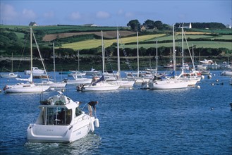 France, Bretagne, Finistere nord, cotes des abers, lanildut port, vedette au port, champs,