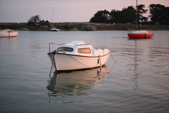 France, Bretagne, Cotes d'Armor, cote de Granit rose, tregastel, ile renote, petit bateau au mouillage, vedette palsiance,