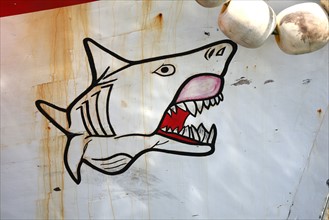 France, Bretagne, Finistere sud, pays bigouden, le guilvinec, port de peche, detail d'un motif requin peint sur une coque de chalutier,