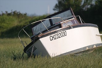 France, Basse Normandie, Manche, regneville sur mer, havre de regneville, bateaux echoues, 
face a la pointe d'Agon,