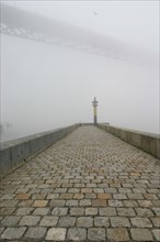 France, Haute Normandie, Seine Maritime, Tancarville, sous le pont de Tancarville, digue, par temps de brouillard, paves,