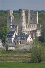 France, Haute Normandie, Seine Maritime, vallee de la Seine, abbaye de jumieges, vue depuis un cargo, paysage, monument historique,