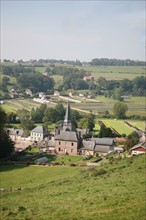 France, Haute Normandie, Seine Maritime, pays de Caux maritime, Paluel, vallee de la Durdent, panorama sur Vittefleur, village, clocher, eglise,