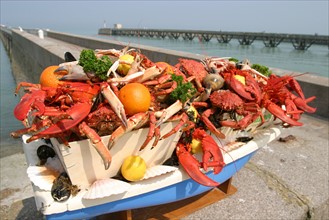 France, Haute Normandie, Seine Maritime, Le Treport, plateau de fruits de mer, crustaces, jetee, digue, restaurant Le Homard bleu
45 quai Francois 1er,