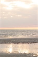 France, Basse Normandie, Manche, plages du debarquement, ciel nuageux, utah beach, plage, coucher de soleil,