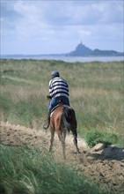 France, Basse Normandie, Manche, pays de la baie du Mont-Saint-Michel, dragey, cheval a l'entrainement dans les dunes,