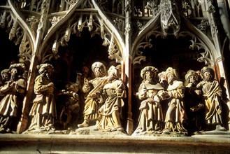 France, picardie, somme, amiens, cathedrale notre dame, detail bas relief, sculpture, scene biblique, art gothique,