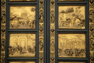 Italie, toscane, florence, firenze, renaissance italienne, porte du baptistere, detail, sculpteur lorenzo ghiberti,