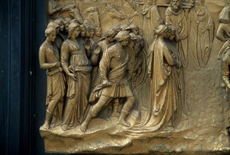 Italie, toscane, florence, firenze, renaissance italienne, porte du baptistere, detail, sculpteur lorenzo ghiberti,