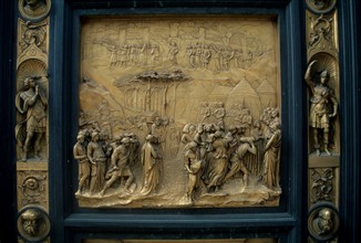 Italie, toscane, florence, firenze, renaissance italienne, porte du baptistere, detail, sculpteur lorenzo ghiberti,