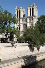 France, ile de france, paris 4e arrondissement, cathedrale notre dame de paris, facade, tours, place du parvis, religion catholique, art gothique, berges de la seine,