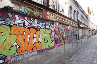 France, Ile de France, paris 20e arrondissement, belleville, rue denoyez, petits batiments, rideaux de fer, graffiti, street art, graf, art urbain,