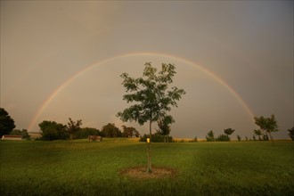 France, region centre, cher, sancerrois, pesselieres, arc en ciel, orage, meteo, rainbow, pluie, climat, arche, agriculture, champ, panneau, chemin,