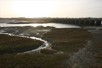 France, Basse Normandie, manche, cote des havres, portbail, littoral, mer, port, bateaux, port, maree basse, soleil couchant,