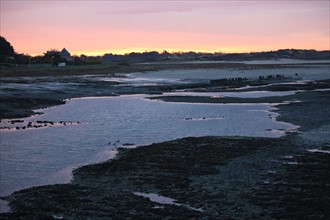 France, Basse Normandie, manche, cote des havres, portbail, littoral, mer, port, bateaux, port, maree basse, soleil levant,