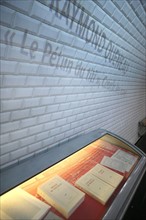 France, ile de france, paris 6e arrondissement, station de metro saint germain des pres, quai, transport urbain, projections murales, litterature, 
Date : 2011-2012