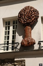 France, ile de france, paris 5e arrondissement, 69 rue mouffetard, detail, facade, mur, arbre.
Date : 2011-2012