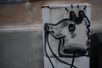 france, region ile de france, paris 7e arrondissement, rue de l'universite, boitier electrique avec graffiti, tete de cheval, bombe, street art,