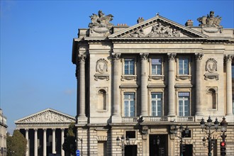 france, region ile de france, paris 8e arrondissement, place de la concorde, hotel de la marine, ancien ministere, facade et fronton de l'eglise de la madeleine,


Date : Ete 2012