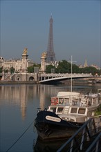 France, Region Ile de France, Paris 7e arrondissement, quai des Tuileries, la Seine et la Tour Eiffel, Pont Alexandre III,