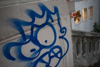 France, Region Ile de France, Paris 16e arrondissement, avenue du President Wilson, escaliers, graffiti tete, matin,