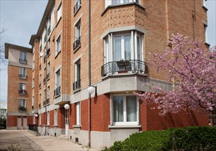 France, Region Ile de France, Hauts de Seine, Suresnes, cite jardin, arbres en fleur,