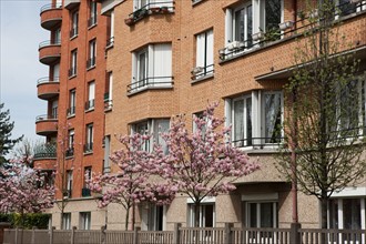 France, Region Ile de France, Hauts de Seine, Suresnes, cite jardin, arbres en fleur,