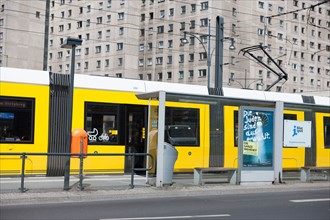 Allemagne (Germany), Berlin, Alexanderplatz, arret du tramway, transport, herbe