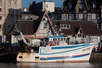 France, region Basse Normandie, Calvados, Cote fleurie, Trouville-sur-Mer, port, chalutiers a quai, mouettes, eau, la Touques,