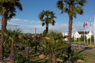 Lorient, jardin de l'hôpital du Scorff, vue sur le clocher de l'église Saint Louis
