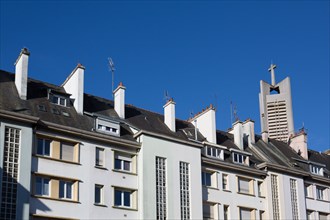 Lorient, Rue du Maréchal Foch and bell tower of the Saint Louis church