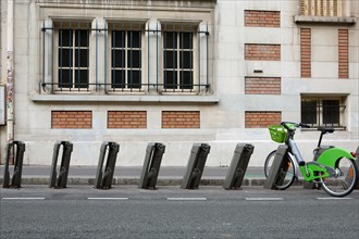Paris, marker, bollards to lock the Vélib' bicycles