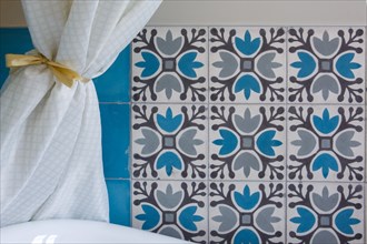 Cement tiles and shower curtain