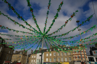france, région Normandie, Orne, Flers, rue de Domfront, decoration de l'été, vue sur les tours de