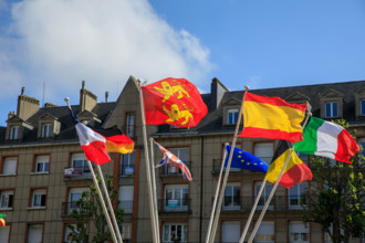 france, région Normandie, Orne, Flers, place du général de Gaulle, carefour giratoire avec
