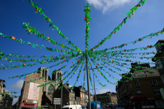 france, région Normandie, Orne, Flers, rue de Domfront, decoration de l'été, vue sur les tours de