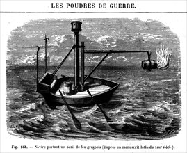 Navire portant le feu grégeois - Gravure du XIXe -